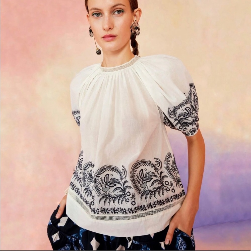 Ulla Johnson Ivory and Navy Embroidered Blouse